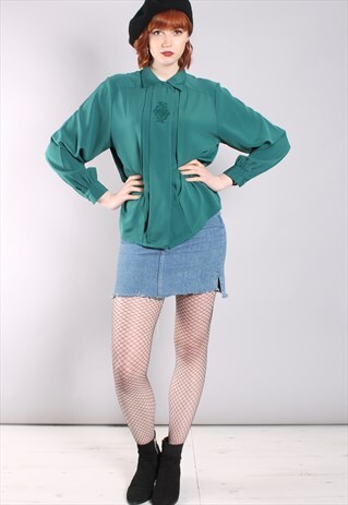VINTAGE 80S TURQUOISE EMBROIDERED PLEAT BLOUSE