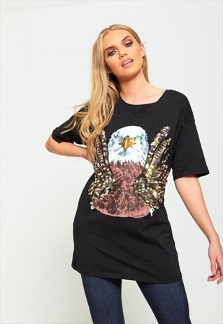 EAGLE SEQUINNED BLACK OVER SIZED T-SHIRT