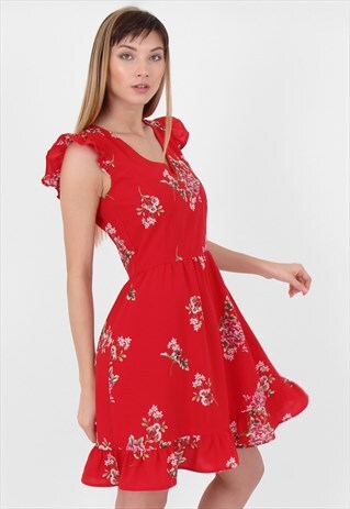 FRILL SHOULDER FLORAL V NECK DRESS IN RED