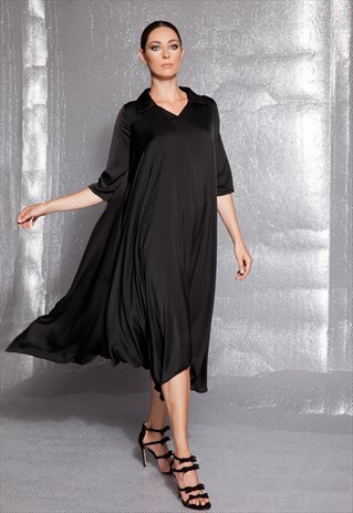 BLACK MAXI DRESS/ PARTY DRESS/ LONG SLEEVE DRESS/SHIRT DRESS