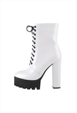 Lace Up White Platform Chunky Heels Zipper Boots