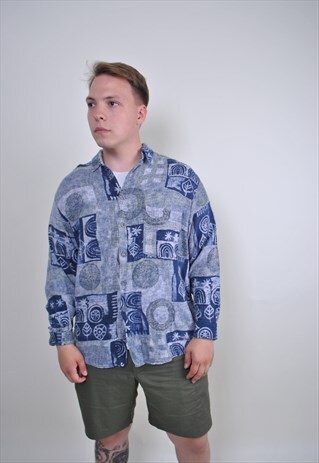 70S BLUE PATTERN LONG SLEEVE SHIRT, SIZE L