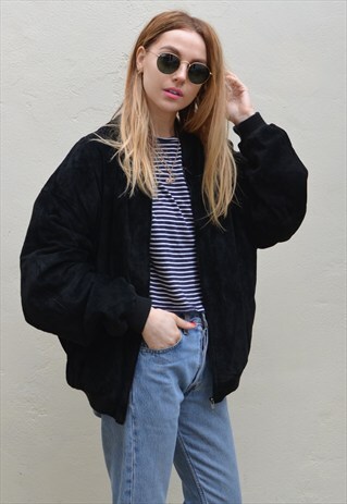 VINTAGE 90S BLACK SUEDE OVERSIZED BOMBER JACKET