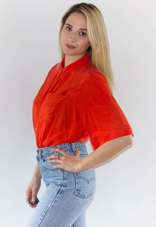 VINTAGE 80'S RED EMBROIDERED STAR SILK SHIRT
