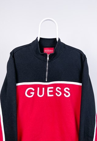 VINTAGE GUESS SWEATSHIRT SPELL OUT 1/4 ZIP RED BLACK XXL