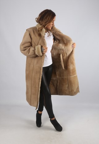 VINTAGE SHEEPSKIN SUEDE SHEARLING COAT LONG UK 12 - 14 (C9BJ