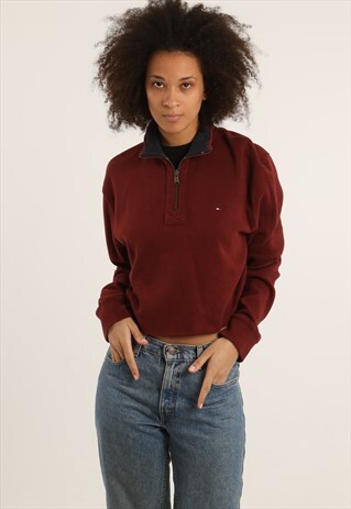 VINTAGE TOMMY HILFIGER EMBROIDERED CROP 1/4 ZIP SWEATSHIRT