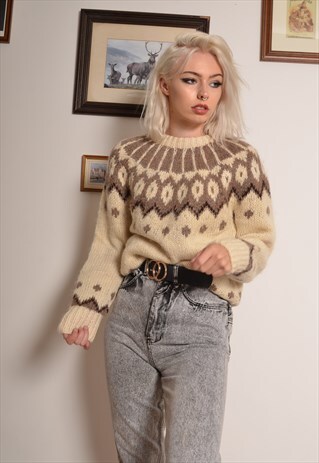 VINTAGE 80S NORDIC KNIT JUMPER IN BEIGE