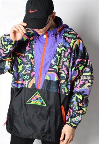 JEANTEX VINTAGE 80S BLACK COLOURFUL FESTIVAL RAIN COAT