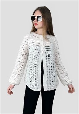 70's White Vintage Crochet Long Sleeve Cardigan 