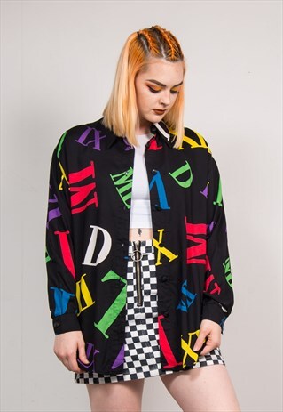 90'S VINTAGE BLACK MULTICOLOUR LETTER PATTERN SHIRT