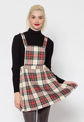 CREAM AND RED TARTAN CHECK PINAFORE DRESS