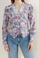 VINTAGE PUFFY SLEEVE LACE COLLAR WATERCOLOR FLORAL BLOUSE S