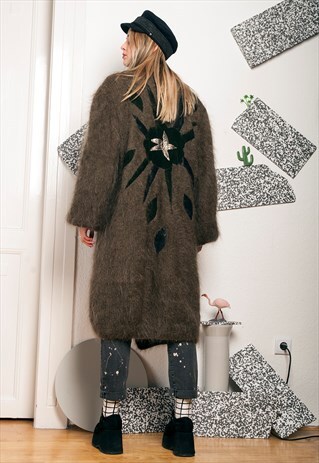 80S VINTAGE FLUFFY COAT W TIE NECK