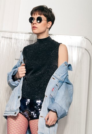 90S VINTAGE PARTY CROP TOP IN SILVER W MOCK NECK