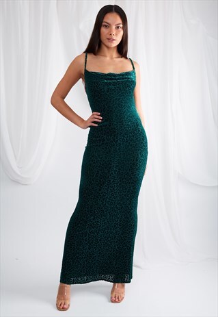 KEISHA SLIP MAXI DRESS - GREEN VELVET LEOPARD