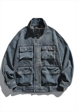 Raised neck denim jacket cargo pocket utility jean bomber