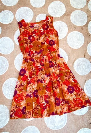 VINTAGE 80'S ORANGE & RED FLORAL PLEATED MINI DRESS - XS