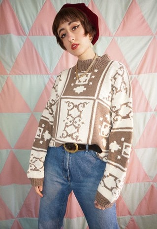 VINTAGE 90S BEIGE BROWN PATTERNED TURTLE NECK COTTON JUMPER