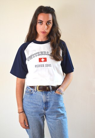 90S VINTAGE MINIMAL WHITE AND BLUE SWITZERLAND T SHIRT
