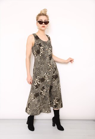 VINTAGE 90S BROWN ANIMAL PRINT BUTTON MIDI DRESS