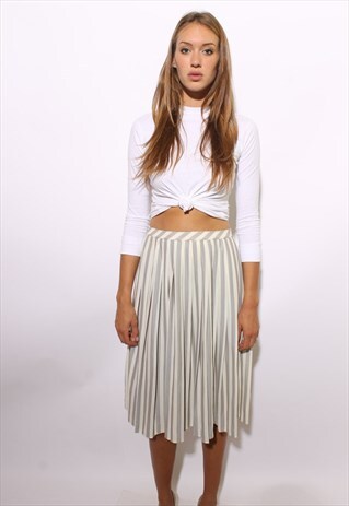 VINTAGE 1970'S 70'S CREAM & BROWN STRIPED MIDI SKIRT S-M
