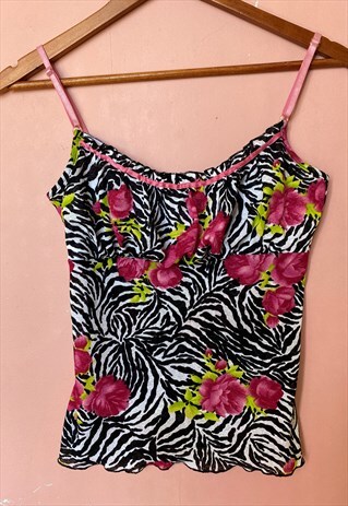 VINTAGE Y2K ZEBRA FLORAL PRINT CAMI TOP VEST SMALL MORGAN
