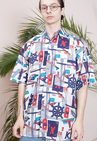 MENS VINTAGE SHORT SLEEVE, ABSTRACT PRINT, BUTTON UP SHIRT