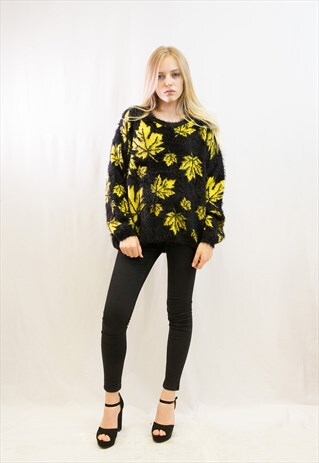 LEAVES PRINT NEON COLOR FLUFFY JUMPER (YELLOW)