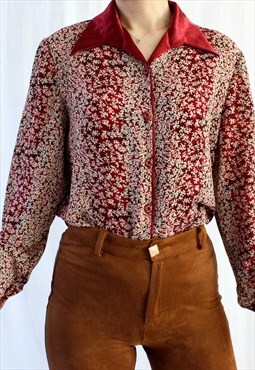 Vintage Top Blouse Red Beige Size S B101 Summer Spring
