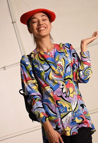 80'S RETRO ABSTRACT PRINT FESTIVAL PARIS CHIC SHIRT TOP