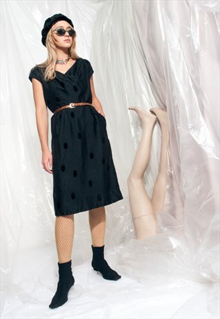 VINTAGE EVENING DRESS 50S VELVET POLKA DOT PARTYWEAR