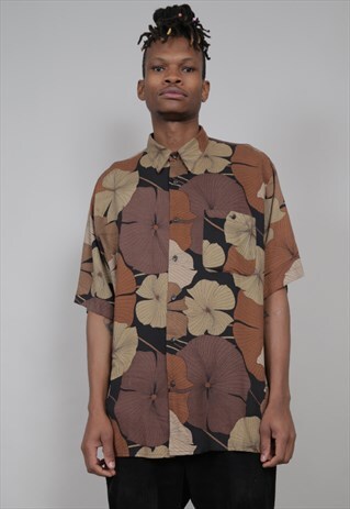 VINTAGE 90'S SHORT-SLEEVED BROWN FLORAL PRINT SHIRT