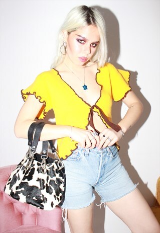 VINTAGE 70S YELLOW KNITTED RUFFLE TRIM TOP