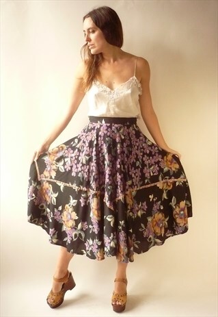 VINTAGE 70'S FLORAL PRINTED BOHEMIAN FULL CIRCLE MIDI SKIRT