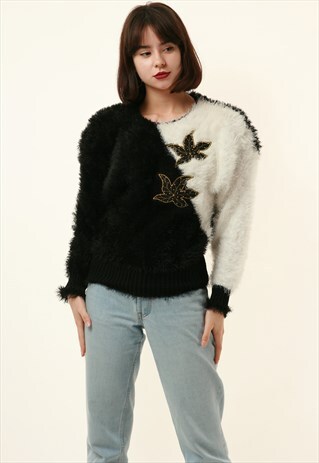 80S VINTAGE MOHAIR BLACK WHITE JUMPER SWEATER 1215
