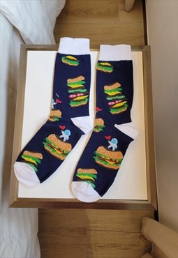 Hamburger Pattern Cozy Socks in Blue