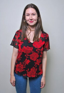 Roses pattern blouse, vintage women pullover shirt
