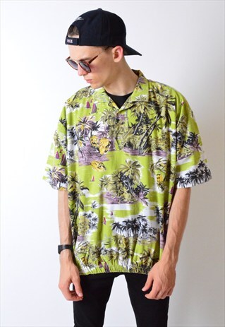 VINTAGE 90S GREEN PALM TREE 1/4 BUTTON SHORT SLEEVE SHIRT