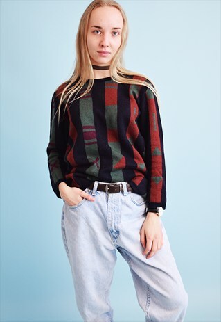 80'S RETRO MARIMEKKO ABSTRACT PATTERN KNIT JUMPER TOP