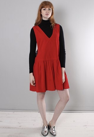 VINTAGE 80S RED CORD PINAFORE DRESS