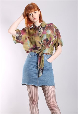 VINTAGE 90S DYE EFFECT SHEER CROPPED TIE UP SHIRT