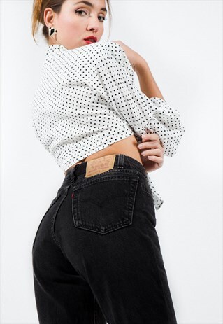 VINTAGE 80S REWORKED FRAYED HEM MOM JEANS BLACK /0014
