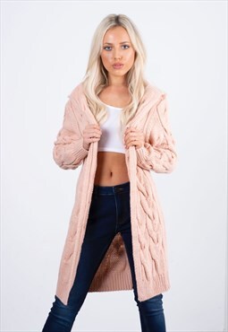 Pink Hooded Cable Knit Longline Cardigan