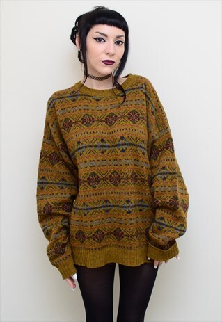 VINTAGE 90'S DARK GRUNGE PATTERNED CHUNKY KNIT JUMPER