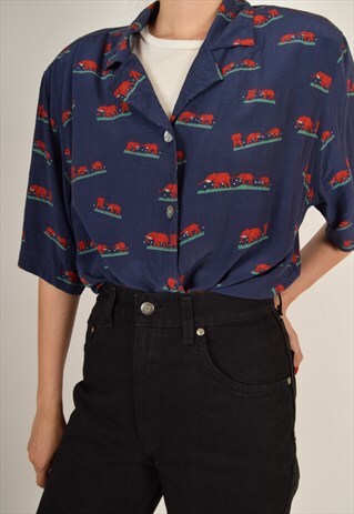 VINTAGE SILK SHIRT FESTIVAL PRINT WITH SHOULDER PADS (3047)