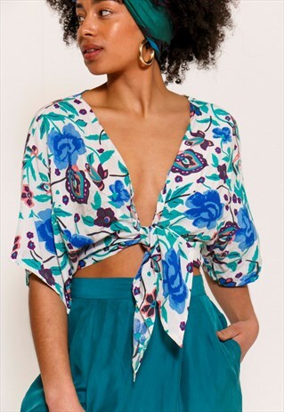 VINTAGE 90'S BLUE FLORAL PRINT REWORKED TIE FRONT BLOUSE