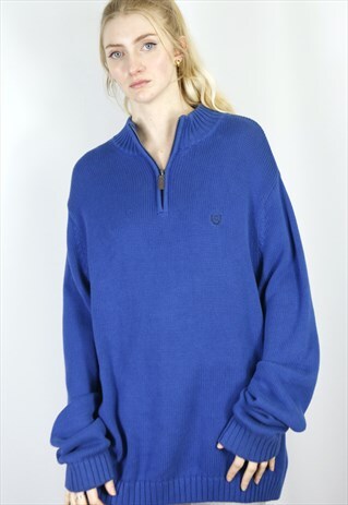 VINTAGE CHAPS 1/4 ZIP KNIT SWEATER IN BLUE IN SIZE L/XL