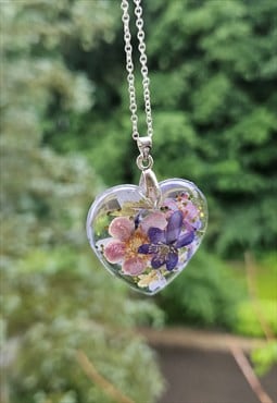 Dried flower resin oval necklace with 925 silver chain