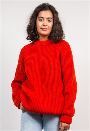 VINTAGE 90'S THICK RED KNIT FISHERMAN JUMPER